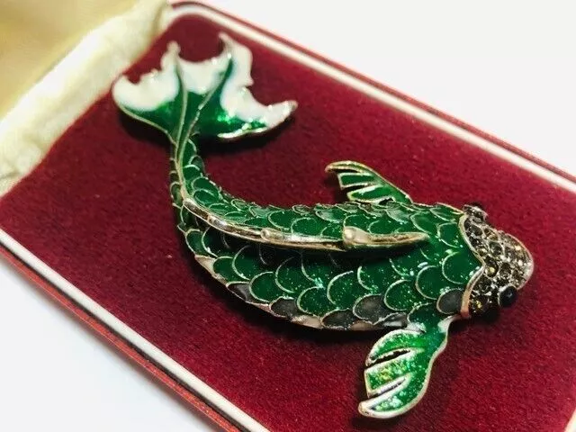 Art Deco Style Beautiful Large Green & White Enamel Crystal Koi Carp Brooch Pin