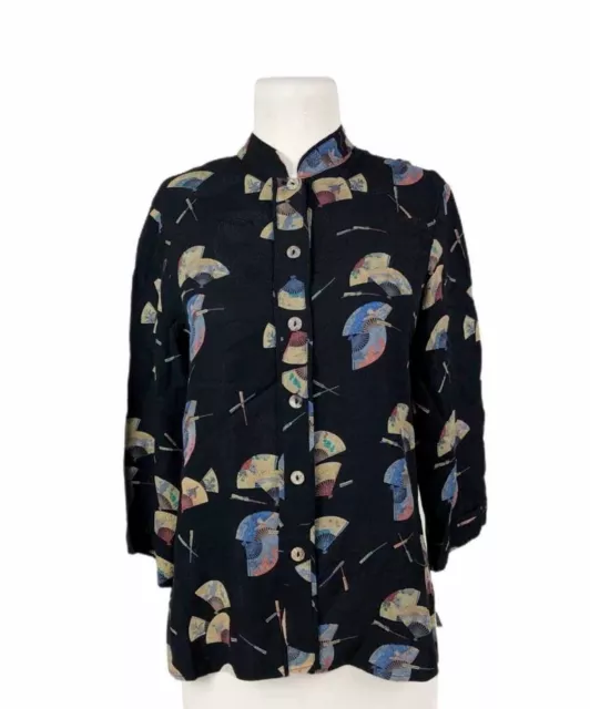 Citron Santa Monica Top Women's Small Silk Button Up Asian Art To Wear Fans