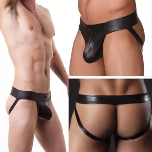 Mens Quality Underwear Faux Leather Jockstrap Penis Pouch Sexy Open Back Thong X