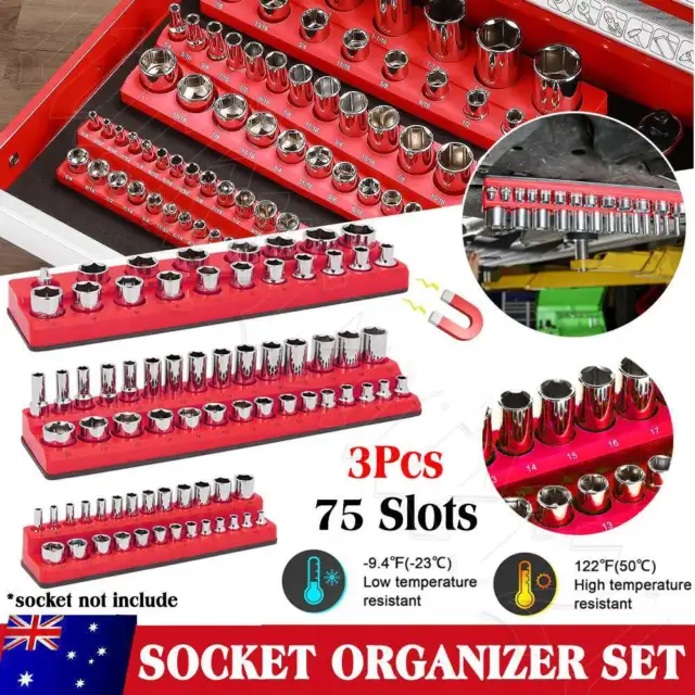 3Pcs 75 Slots Magnetic Socket Metric Organizer Set 1/4" 3/8" 1/2" Drive Tray New
