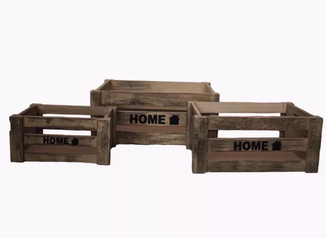 Home Set of 3 Wood Nesting Storage Crates with Handle Rustic Decorative Wood...