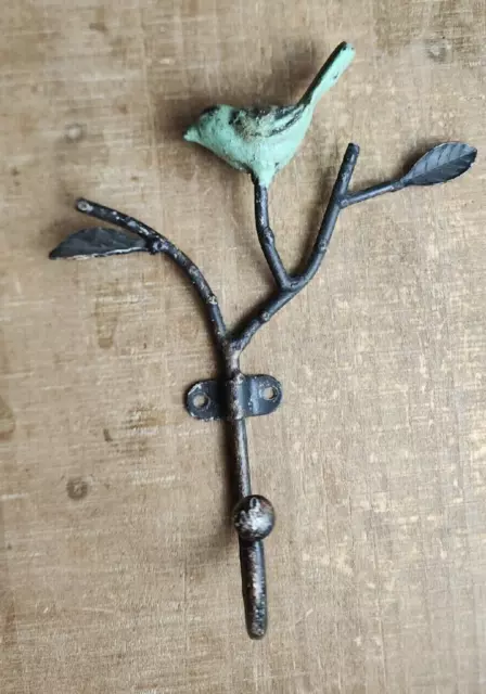 Bird on a branch leaves leaf Wall Hook metal  Cast Iron Rustic home decor unique