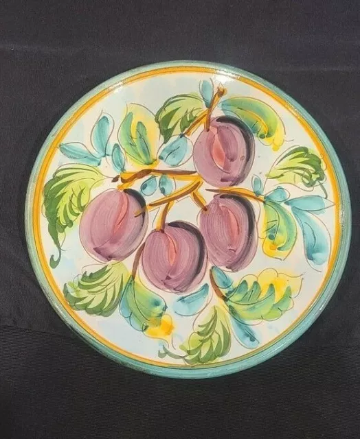Vtg ITALIAN MAJOLICA  ART POTTERY Plate Wall Hanger Plaque Hand Painted Plum