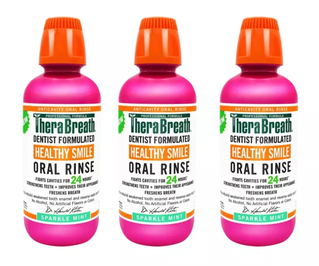 3 Pack TheraBreath Healthy Smile Alcohol-Free Mouthwash Rinse Sparkle Mint 16 oz