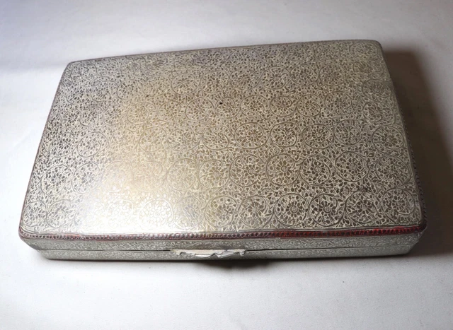antique hand chased tooled silver Middle Eastern wooden lined cigarette box