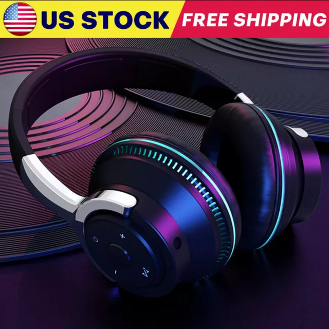 Wireless Bluetooth 5.1 Headphones Over Ear LED Headset Stereo Noise Cancelling