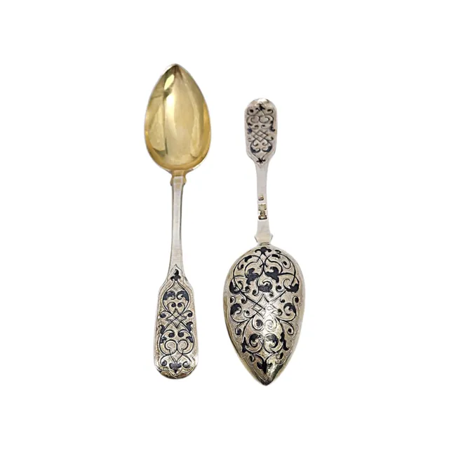 Set of 2 Russian 84 Zolotnik Imperial Silver Gold Wash and Enamel Spoons #16819