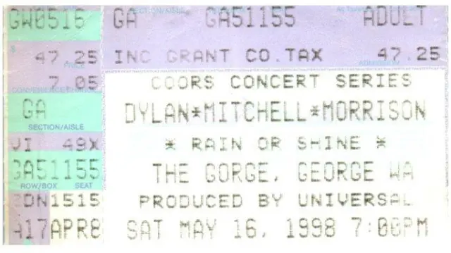 Bob Dylan Mitchell Morrison Concert Ticket Stub May 16 1998 The Gorge Seattle