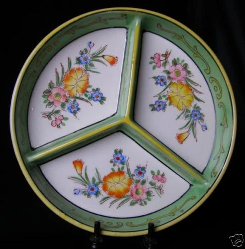 1920's MORIYAMA MORI-MACHI JAPAN HAND PAINTED DIVIDED DISH WITH PAPER MACHE BOX