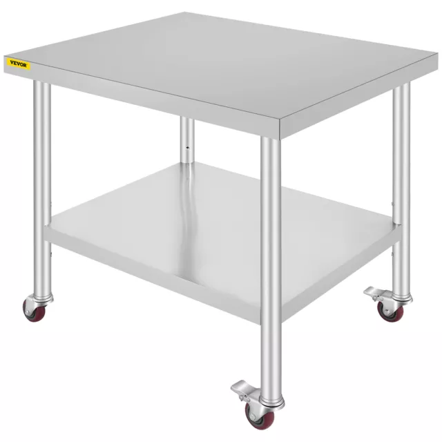 VEVOR Stainless Steel Kitchen Bench 915x762mm Work Food Prep Table w/ Casters