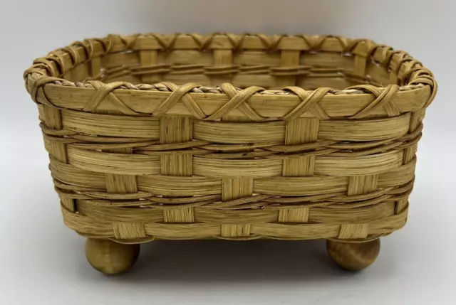 Fruit basket Handmade Woven Signed 1996 Wooden Bottom and Feet