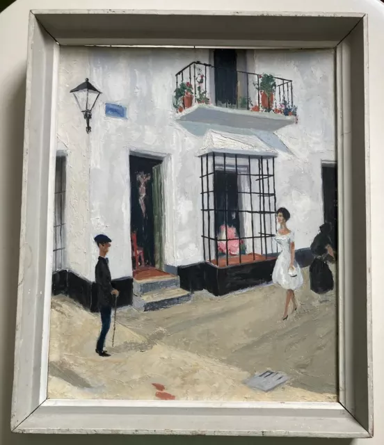 CHARMING VINTAGE 50s OIL PAINTING “MARBELLA” SHABBY CHIC SIGNED VERSO 2