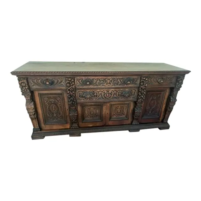 Large Antique English Carved Oak Server Sideboard.