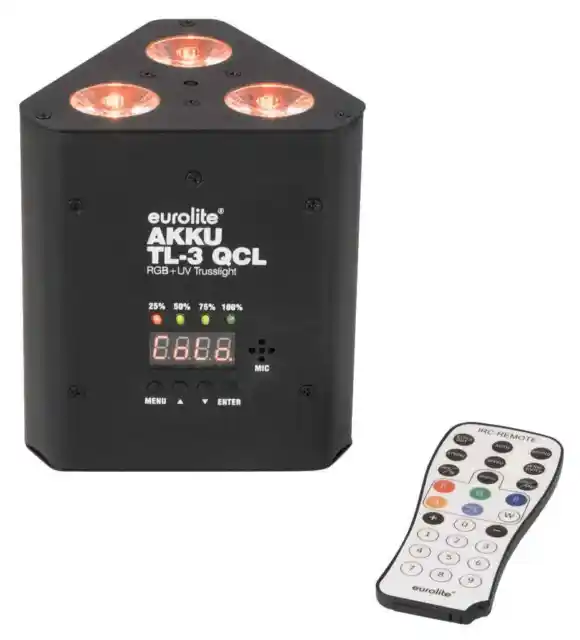 Akku betriebene Traversen Beleuchtung mit 3 x 4 W high-power 4in1 QCL RGB/UV LED