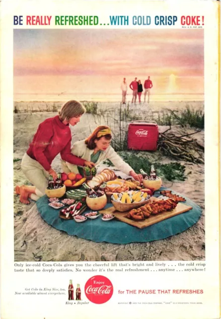 1959 Coca Cola Print Ad Beach Family Picnic Feast Ocean View Vintage