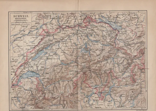 Schweiz - Alte Landkarte um 1880 - Karte Druck Antique Map Switzerland