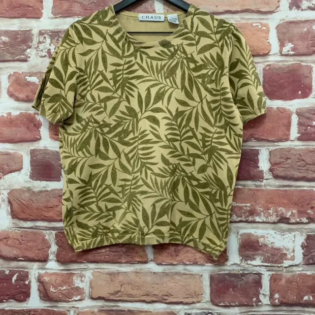 Chaus Sweater Womens Large Tan Green Botanical Leaf Print Knit Pullover