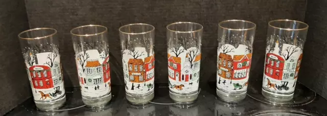 Vintage Libbey  Winter Village Scene Tumblers Glasses 6 1/4" Lot of 6