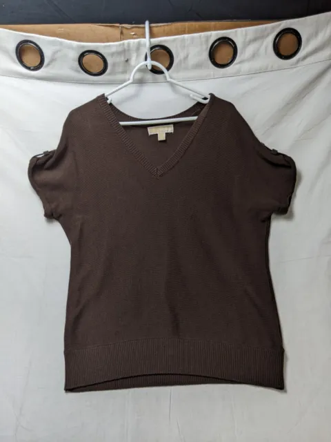 Michael Kors Sweater Women's L Brown Regular-Fit Roll Tab Sleeve V-Neck Pullover
