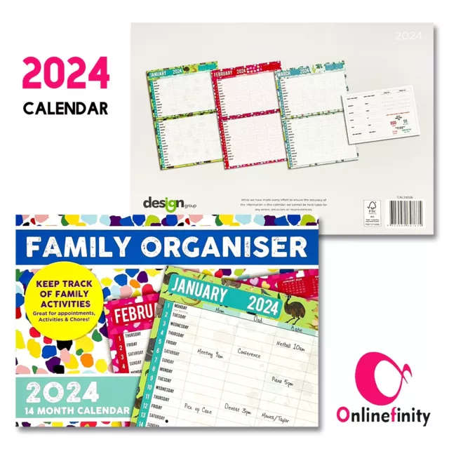 2024 WALL CALENDAR Family Organiser 14 Month Hanging A4 Planner Large