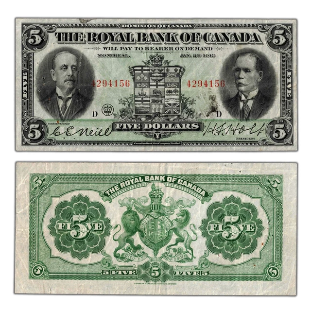 $5 1913 ROYAL Bank of Canada Chartered Note CH #630-12-04 - Pinholes ...
