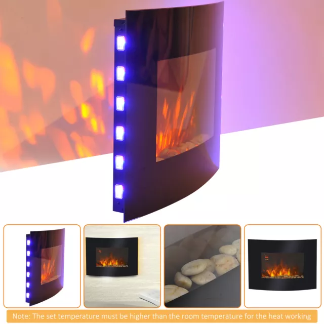 LED Curved Glass Electric Wall Mounted Fire Place Fireplace Heater 1800W 2