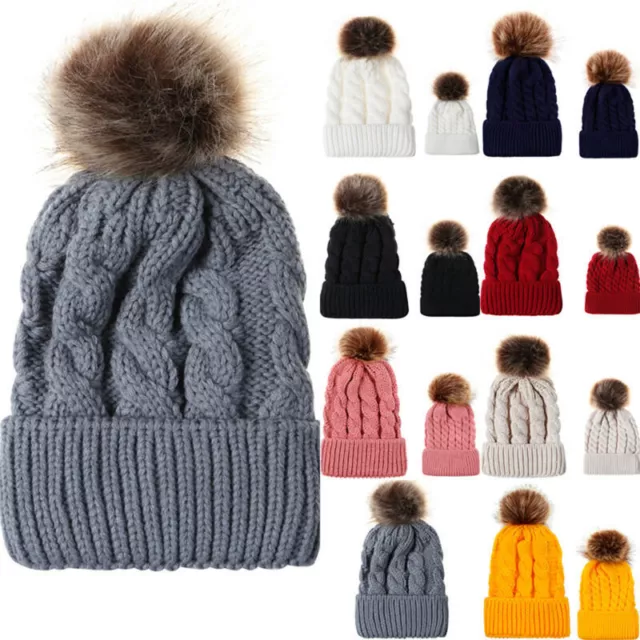 Mom Baby Winter Warm Knitted Beanie Hat Womens Girls Faux Fur Pom Pom Bobble Cap