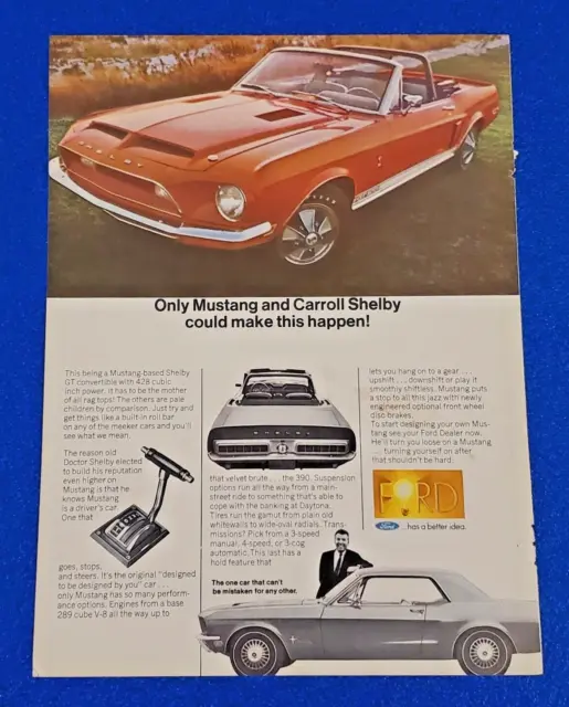 FORD 1968 SHELBY GT 500 CONVERTIBLE MUSTANG 428ci V-8 ORIGINAL PRINT AD LOT A-10