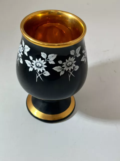 Prinknash Pottery Small Black Gold Goblet Cup Decorative Floral Design #LH