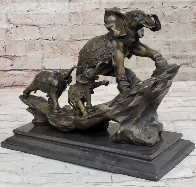 Maravilloso Bronce Estatua Elefante Familia Sobre Roca Jardín Patio Decoración