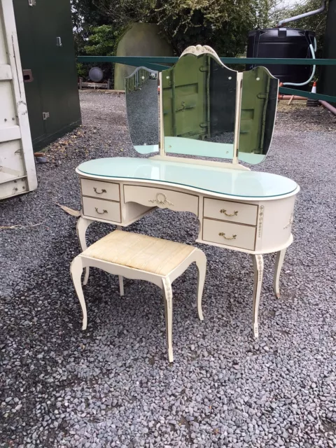 Vintage French Louis Style Dressing Table with Triple Mirror and Matching Stool