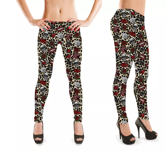 Leopard Hearts Lips Skull Roses Spider Web Printed Stretch Leggings Alternative