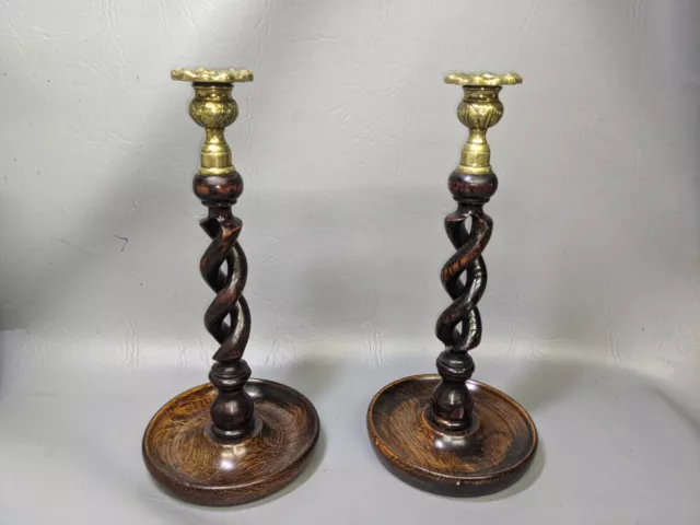 Antique English Oak OPEN Barley Twist Candlesticks Candle Holder Brass (EU)