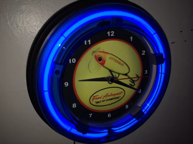 Fred Arbogast Jitterbug Fishing Lure Man Cave Neon Wall Clock Advertising Sign
