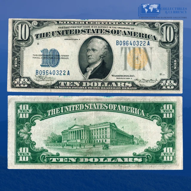 Fr.2309 1934A $10 Silver Certificate Yellow Seal "North Africa", VF #40322