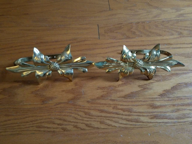 Pair 2 India Brass Curtain Drapery Holder Tie Backs Cast Leaf Design