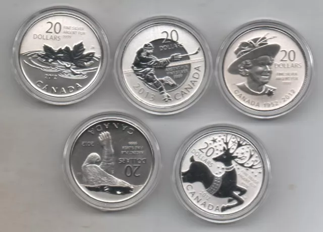 five canada silver proof twenty dollar coins