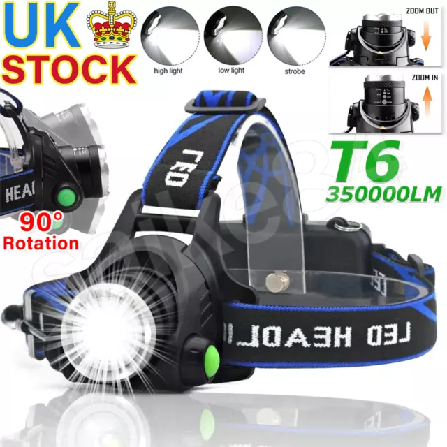 T6 Headlamp Rechargeable 350000LM LED Zoom Headlight Torch Waterproof  2 Battery