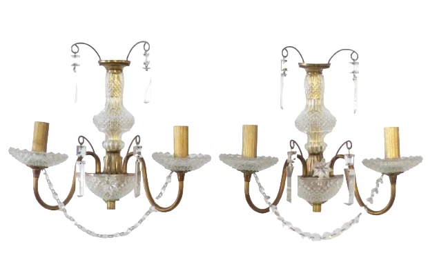 Gorgeous French Pair Wall light Sconces Crystal Vintage Brass Chandelier 1970