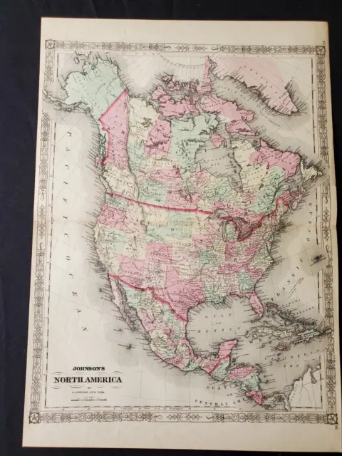 1866 Johnson Atlas Antique Map United States Canada North America 100% Genuine