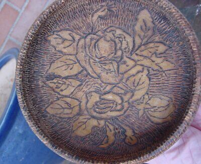 Pyrography Antigue Wood Bowl Folk Art Handmade Burned 5 1/2"