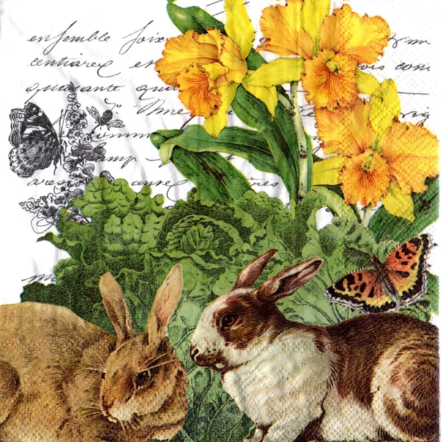 Serviettes en papier lapins fleurs légumes.Napkins rabbits flowers vegetables