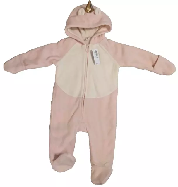 Old Navy Unicorn Fleece Baby Girls Pink One-Piece Hooded Bunting Size 6-12 M NWT