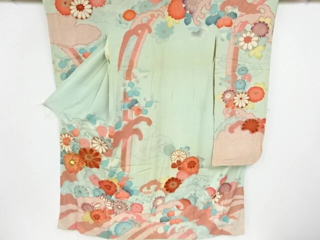 36585# Japanese Kimono / Antique Furisode / Embroidery / Kiku & Paulownia