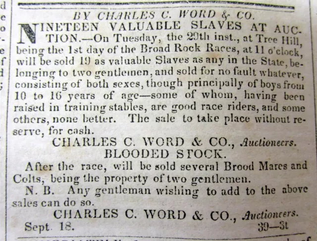 1835 Richmond VIRGINIA newspaper w front page ad- NEGR0ES for SALE Slave Auction