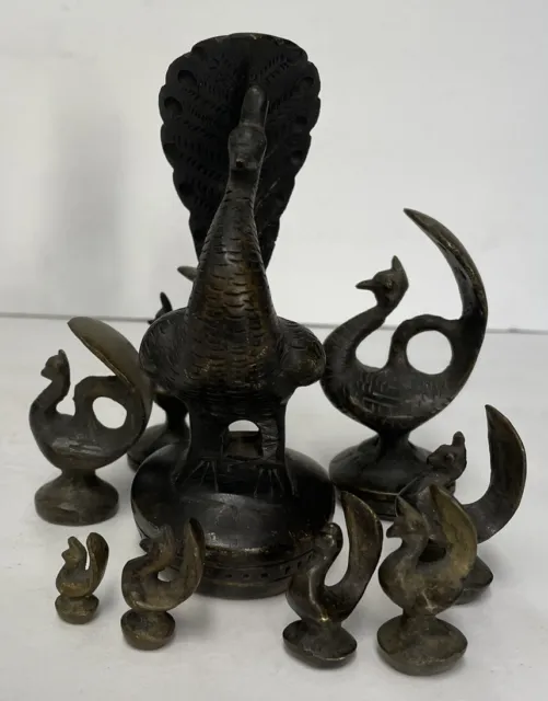 Rare Complete Set Antique Burmese Opium Bronze Weight Set Peacock Bird 9 Pc Vtg 6
