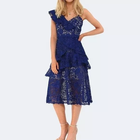 Alice +Olivia Florrie Ruffle One-Shoulder Lace Dress Blue lace blue dress 8 2