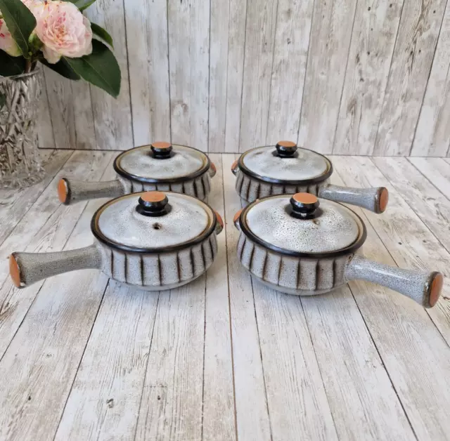 Vintage Denby 'Studio' Grey Set of 4 Bowls With Handles 1/2 Pint Soup Bowl + Lid