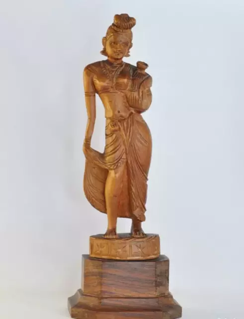 Indian Wooden Girl & Jug Statue Vintage Carved For Decor 1960-1980 Stands Up Art