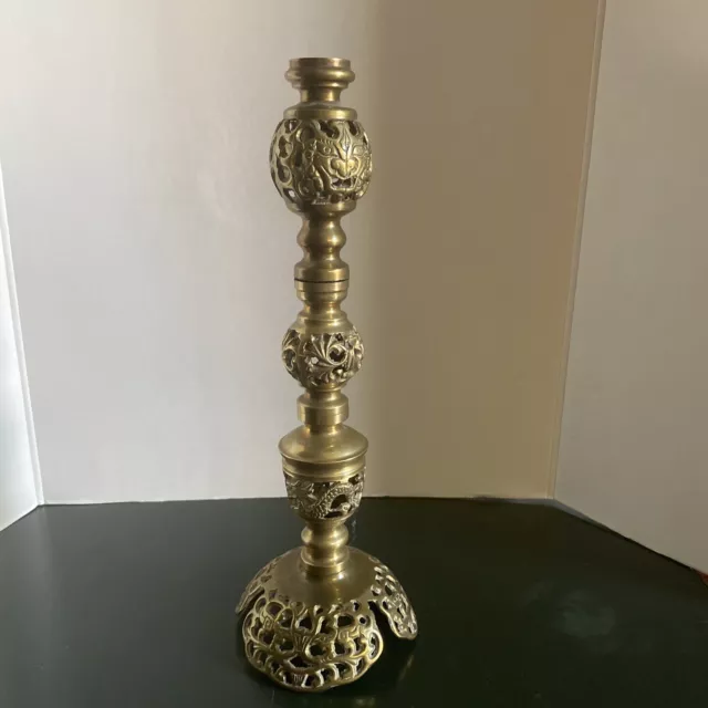 Vintage Asian Brass Candle Holders Dragon Griffin Candlestick Chinoiserie 14”